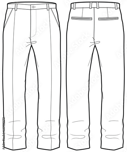 Men's formal trouser pant front and back view flat sketch fashion illustration, Regular fit Woven Tailored chino pants vector template