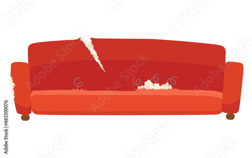 Broken sofa icon. Torn old couche for living room isolated on white background. Damaged indoor old furniture messy seat of sofa. Vector interior object in cartoon style