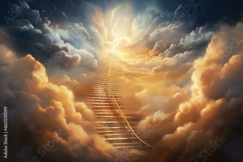 A ladder ascending into heavenly clouds illuminated by radiant light. Generative AI