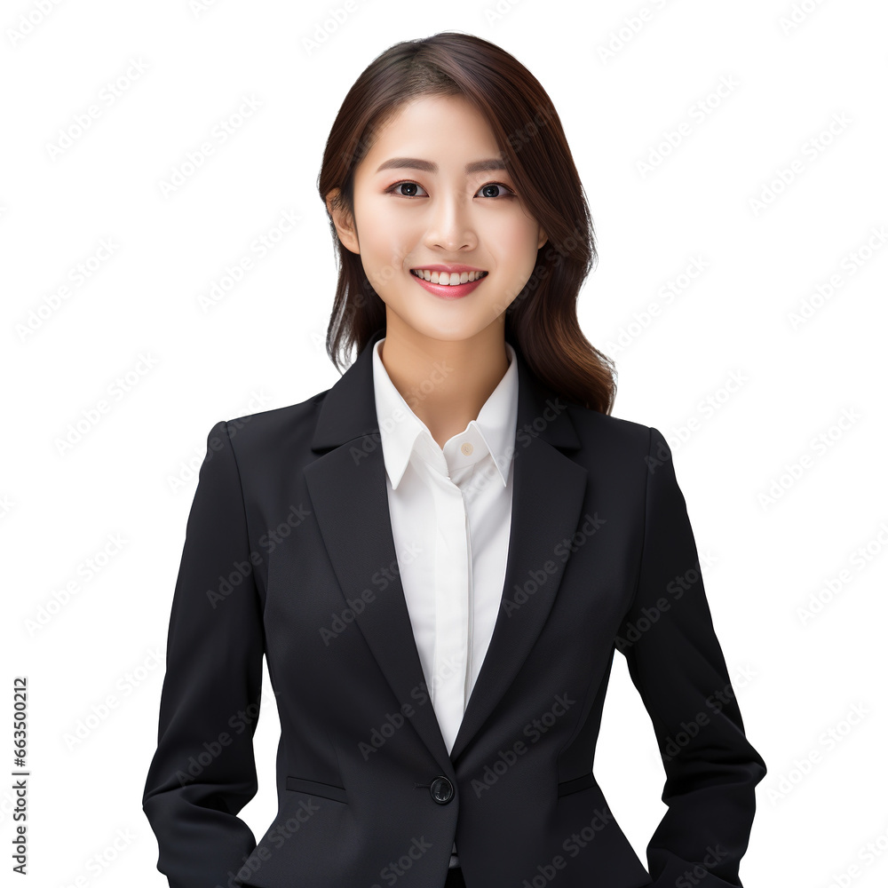 portrait of a young, smiling, confident Asian businesswoman posing. Happy girl standing successful