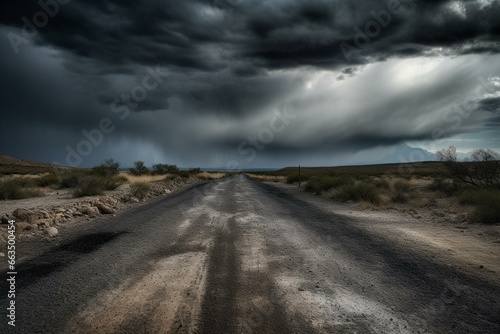 An ominous road under an approaching storm. Generative AI