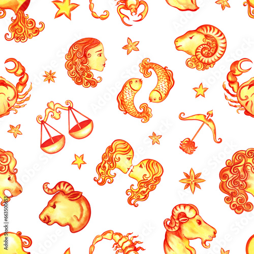 Seamless pattern with zodiac signs according to the horoscope. The watercolor is hand-drawn. Artistic, color, colorized illustration. For textiles, astrological forecasts, calendars, printed material