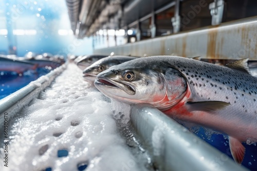 A fresh trout resting on a bed of ice in a fish processing factory
