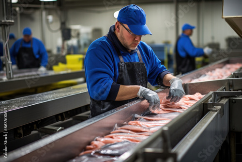 A man in a blue shirt working in a fish processing factory with a conveyor belt of trout photo