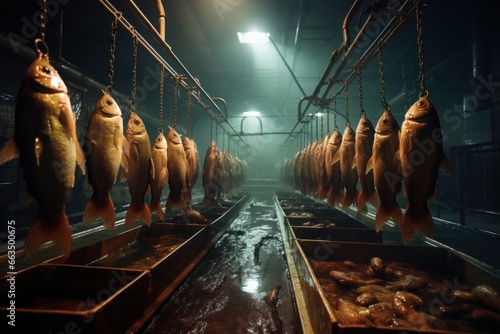 A room filled with freshly caught fish hanging from hooks in a fish processing factory