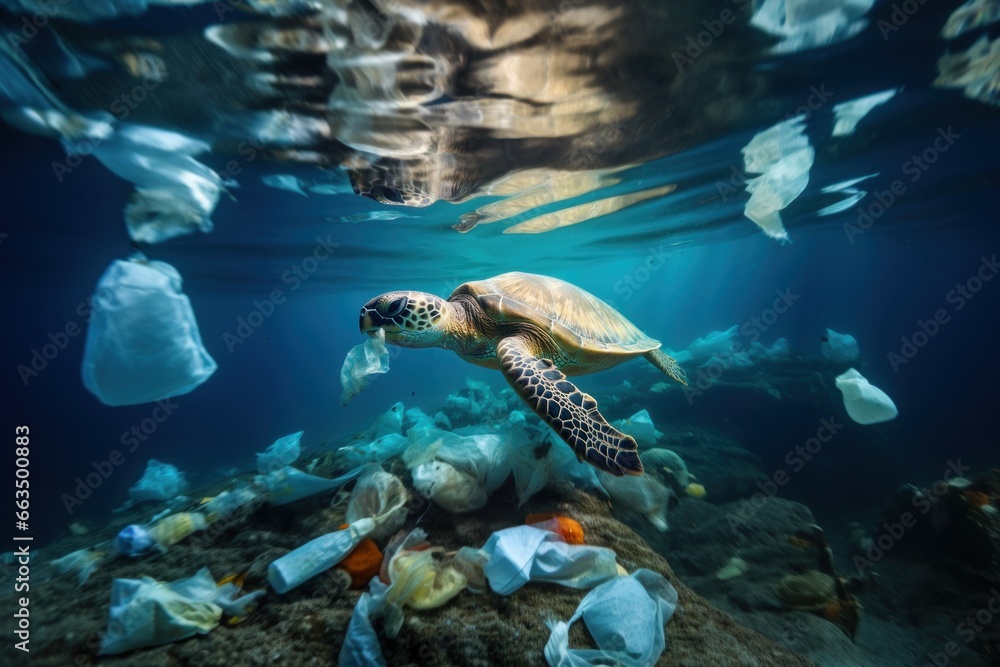 pollution of the world ocean, sea turtle swimming in dirty water, water contaminated with household garbage, plastic bags and bottles, environmental disaster pollution of the world ocean, sea turtle swimming in dirty water, water contaminated with household garbage, plastic bags and bottles, environmental disaster