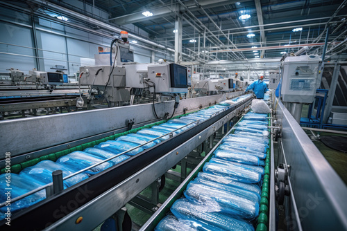 A fish processing factory with a conveyor belt filled with blue bags