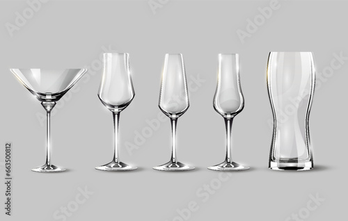 Alcohol glasses set. Transparent empty realistic mockup stemware for different drinks. Vector illustration