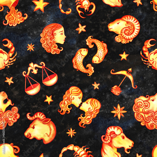 Seamless pattern with zodiac signs according to the horoscope. The watercolor is hand-drawn. Artistic, color, colorized illustration. On a black background. For textiles, astrological forecasts.