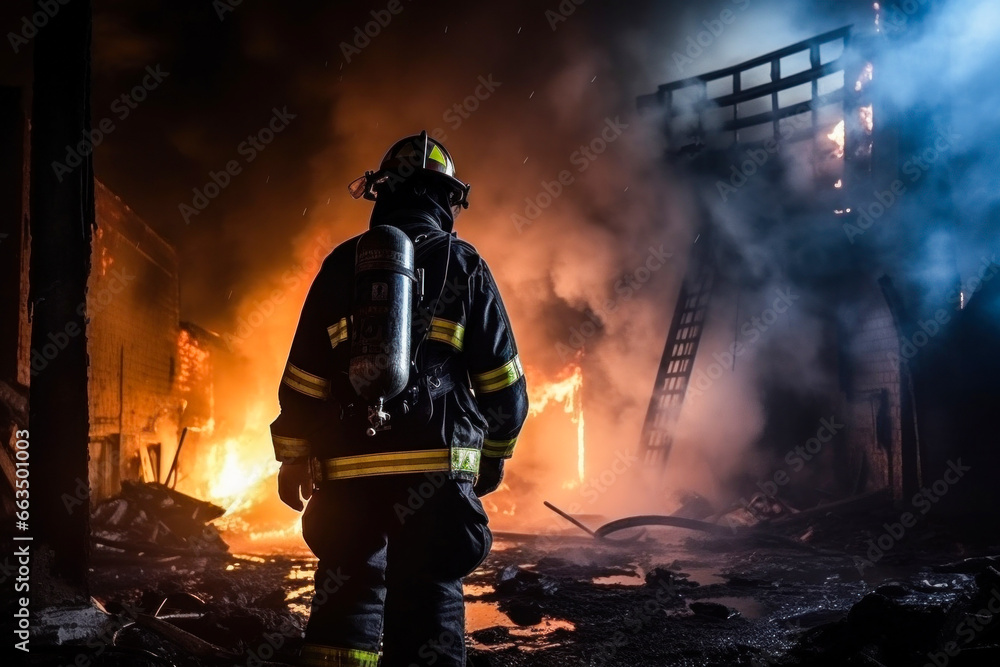 Photo of a brave firefighter in action, battling a raging fire in a burning building