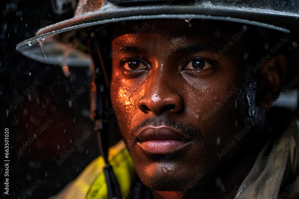 Photo of a fireman wearing a helmet in close-up
