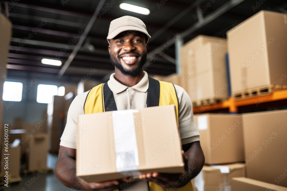 Photo of a man holding a box in a warehouse Photo of a man holding a box in a warehouse