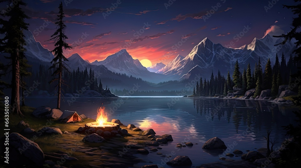  a painting of a campfire in the middle of a lake.  generative ai