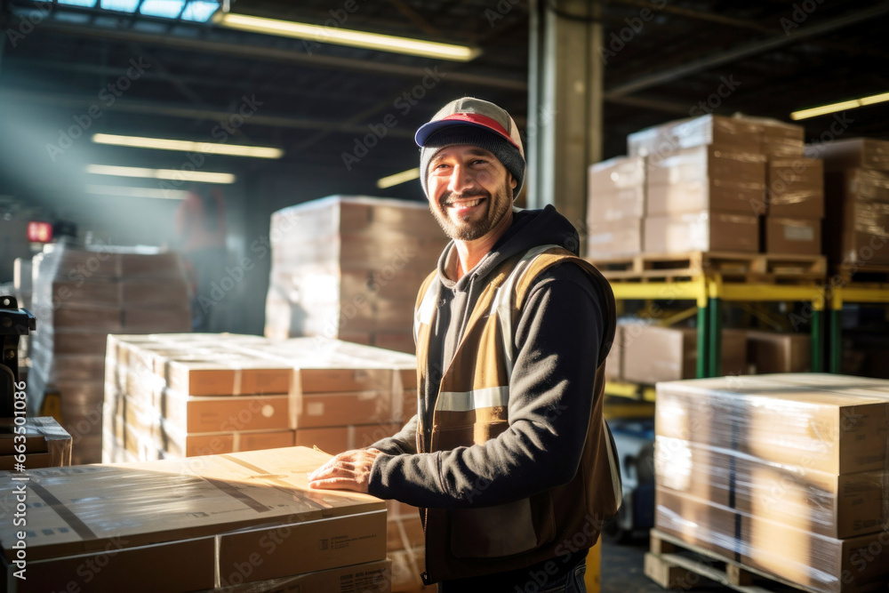 Photo of a man standing in a warehouse surrounded by boxes