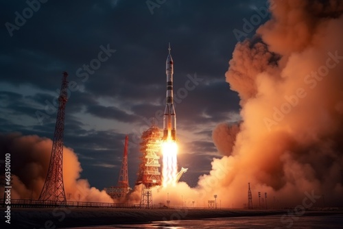 space launch vehicle launches from cosmodrome, view from ground level