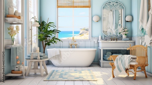 a bathroom with a bathtub, sink, mirror and a chair.  generative ai © Olga