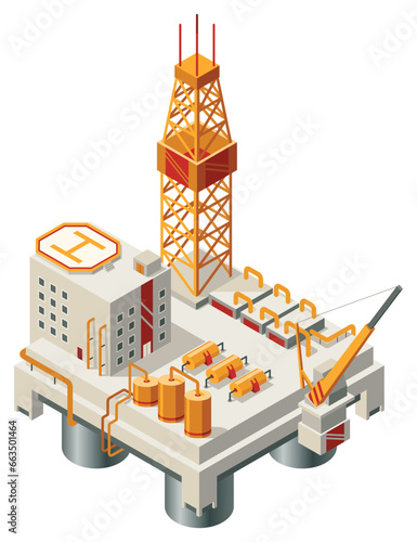 Oil gas platform isometric icon composition. Offshore mining element of depot petroleum products with drilling rig platform. Item for extraction from under the sea bed deposits