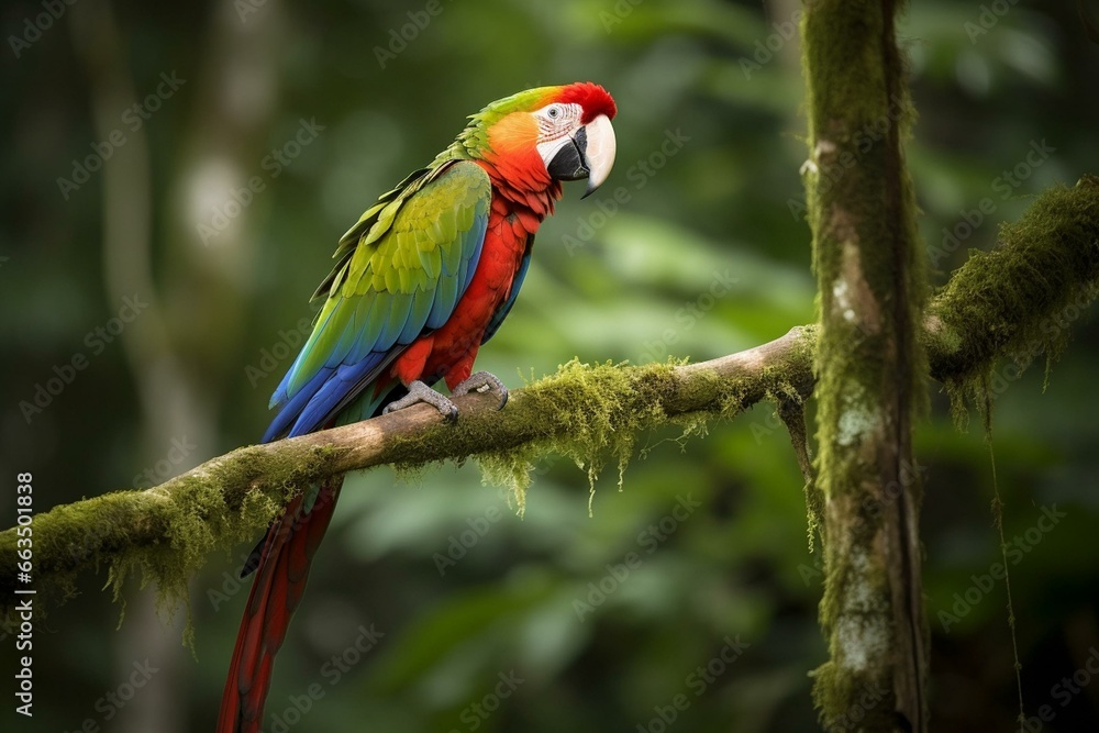 Parrot on branch surveying jungle. Generative AI