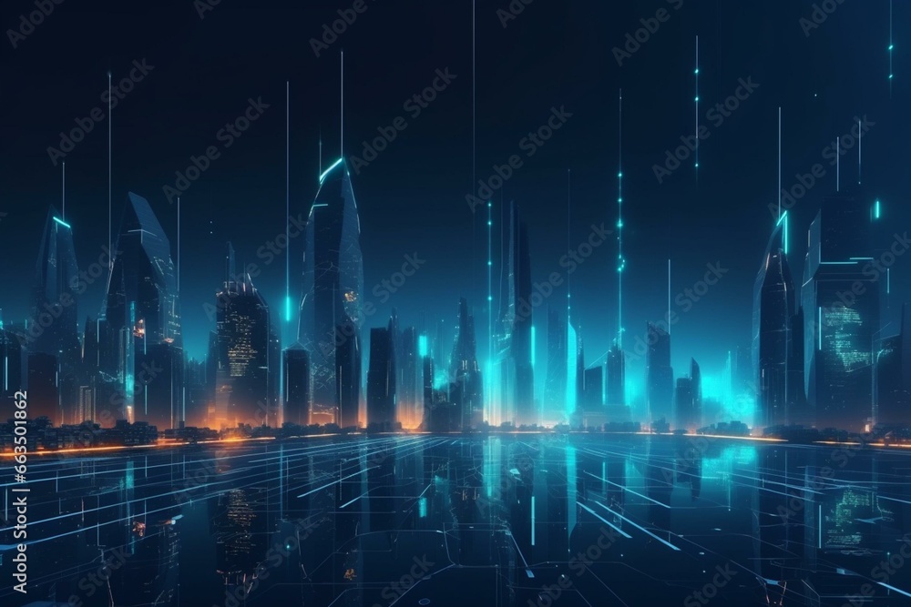 Illustration of a futuristic metropolis with virtual wires, skyscrapers, and blue neon glow. Modern, technological, science fiction concept. Generative AI