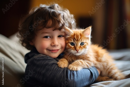 A cute child at home, hugging their adorable kitten, portraying a beautiful friendship filled with tenderness.