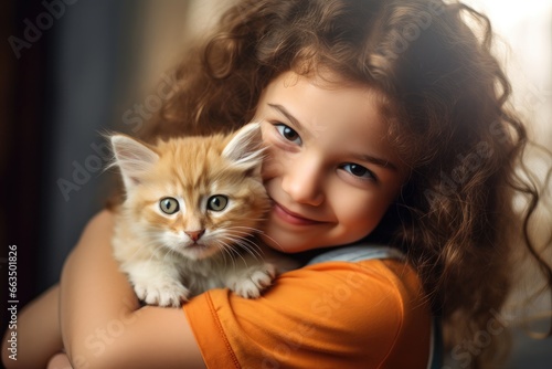 A little girl outdoors, sharing a tender hug with her adorable white kitten, a heartwarming portrait.