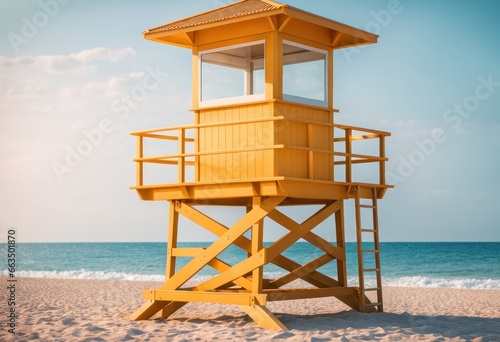 Scenic afternoon view of traditional aging lifeguard tower in weathered yellow pastel colors