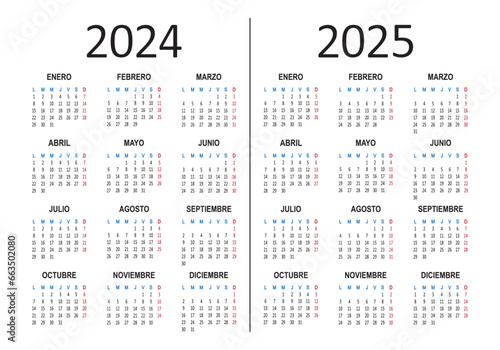 Spanish calendar 2024 2025 years. Week starts on Monday. Vector illustration