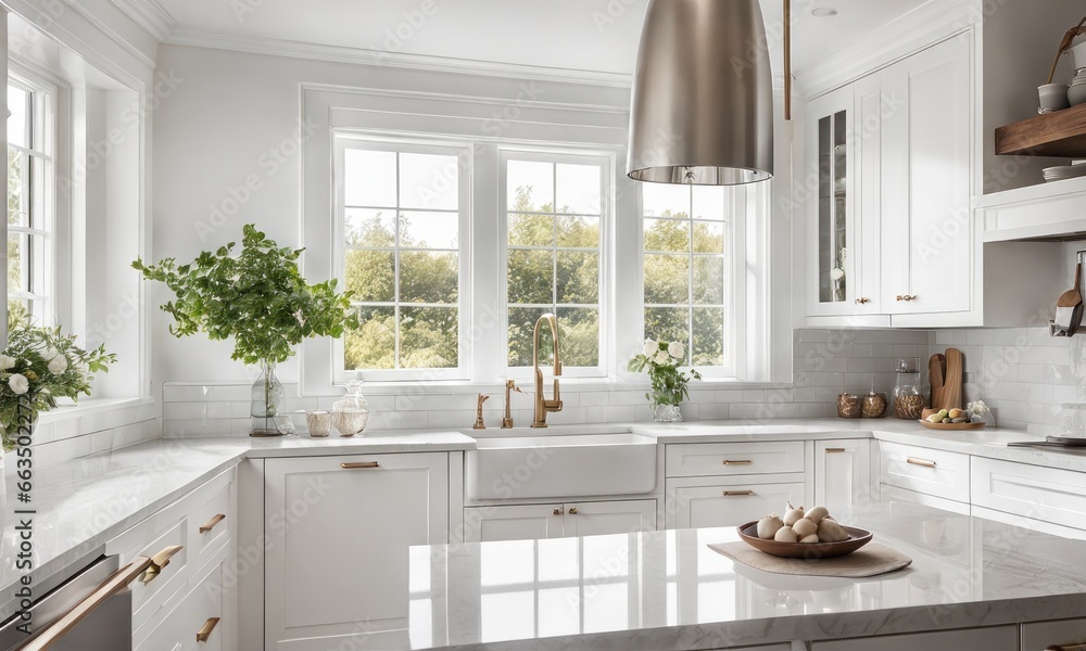 Monochromatic kitchen with crisp white walls and cabinets. White quartz countertops, garden view from window Monochromatic kitchen with crisp white walls and cabinets. White quartz countertops, garden view from window