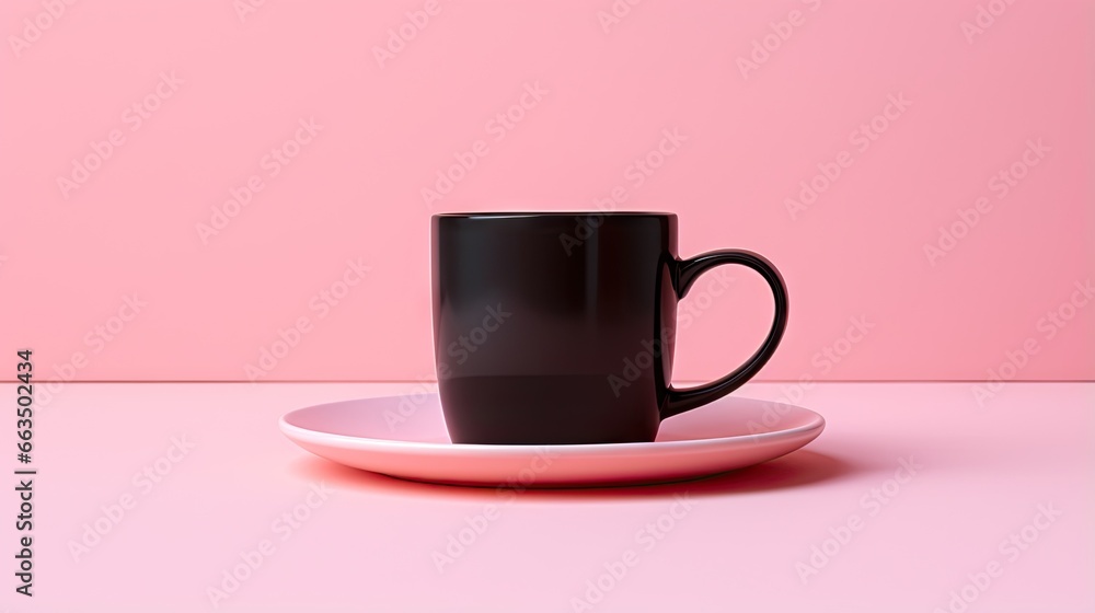 a black coffee cup sitting on top of a white plate. generative ai a black coffee cup sitting on top of a white plate. generative ai