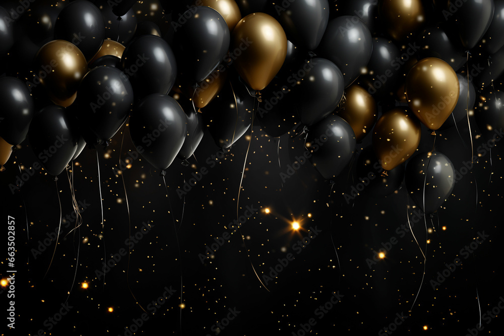 Black balloons on a black background. Black Fridayblack and gold baloon christmas decoration - obrazy, fototapety, plakaty 