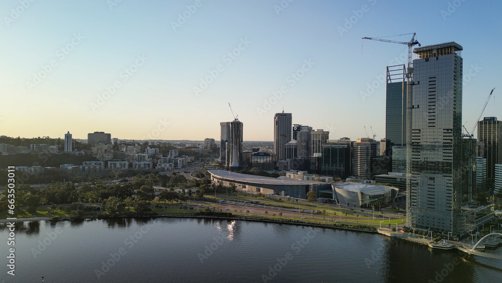 Aerial view of Perth skyline at sunset from Swan River