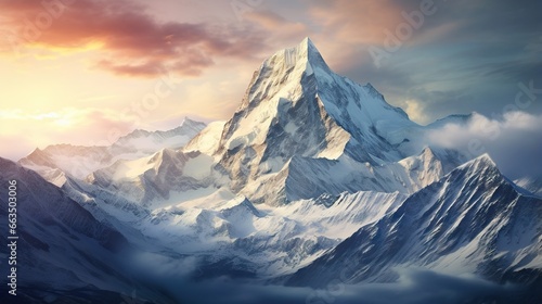  a painting of a mountain with clouds in the sky above it. generative ai