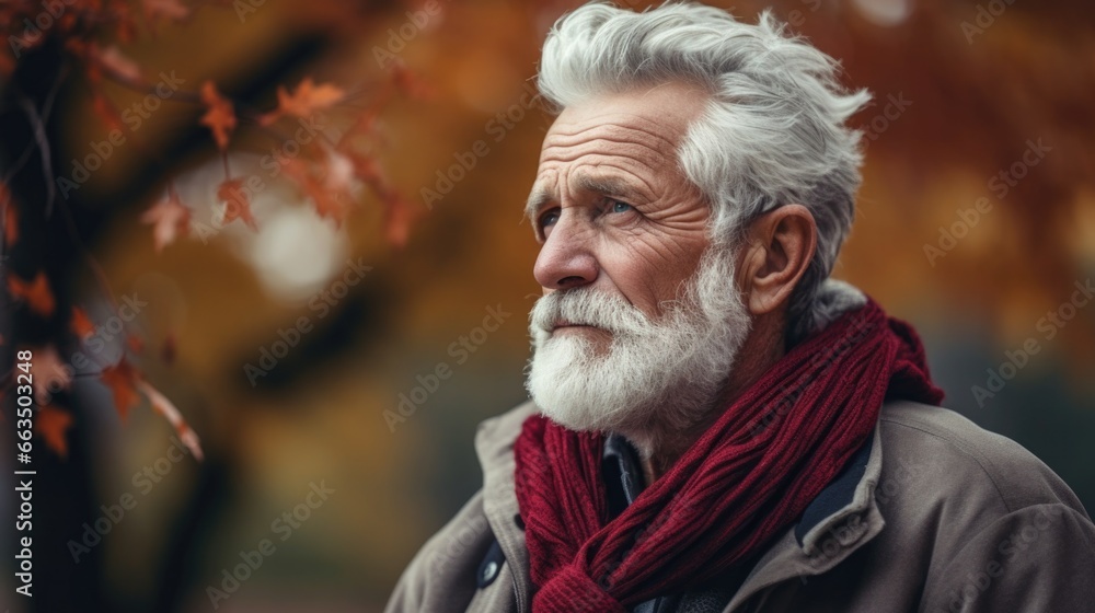 An elderly man with a white beard and a red scarf. Generative AI. An elderly man with a white beard and a red scarf. Generative AI.