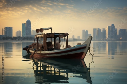 A traditional boat docks in Doha, Qatar, as the contemporary cityscape looms behind. Generative AI © Jemima