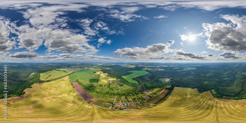 aerial hdri 360 panorama view over provincial village from great height in equirectangular seamless spherical  projection. may use like sky replacement for drone 360 panorama