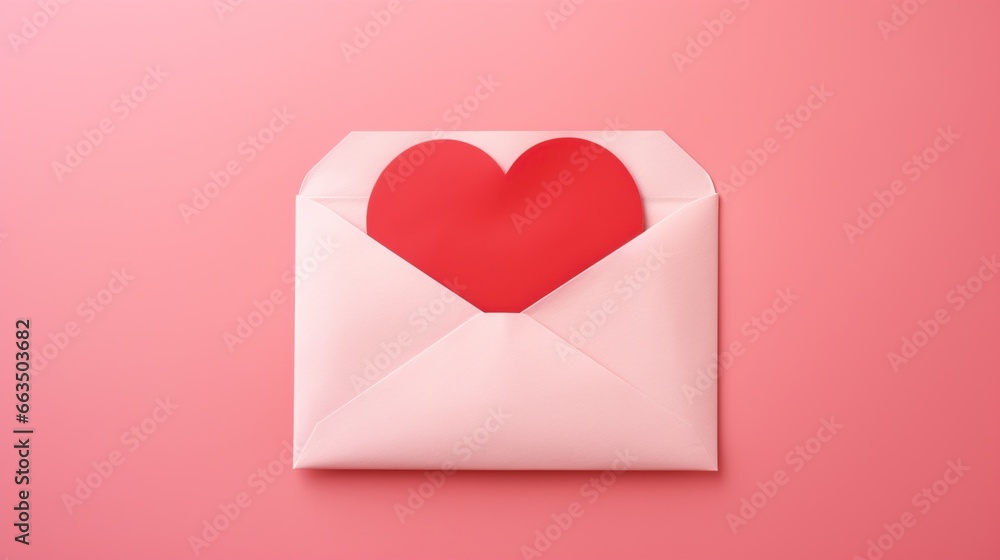 White envelope with heart sign isolated on pink background. AI generated image - obrazy, fototapety, plakaty 