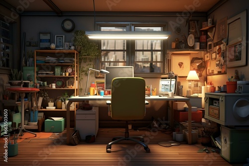 A computerized workspace adorned with furniture, decorations, and office supplies, depicted through a visually crafted rendering. Generative AI