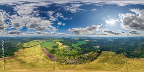 aerial hdri 360 panorama view over provincial village from great height in equirectangular seamless spherical projection. may use like sky replacement for drone 360 panorama