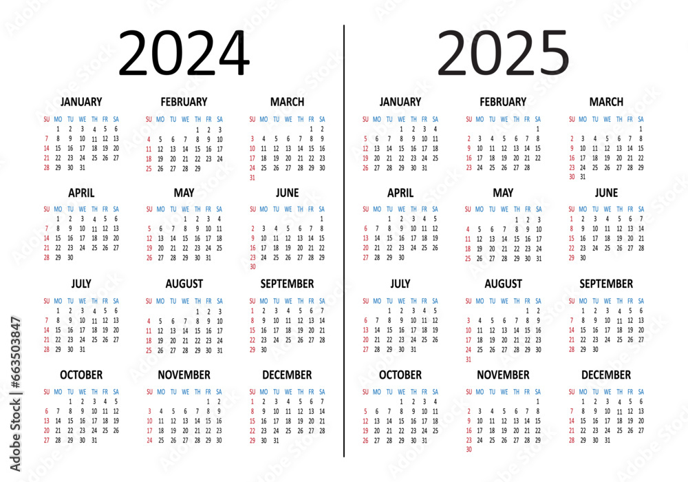 Calendar yearly 2024 2025. Week starts on Sunday. Vector illustration Calendar yearly 2024 2025. Week starts on Sunday. Vector illustration