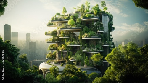 Futuristic design image of a building with a lot of greenery. Conservation, ecology, environment, architecture. Image generated with AI © Cristina