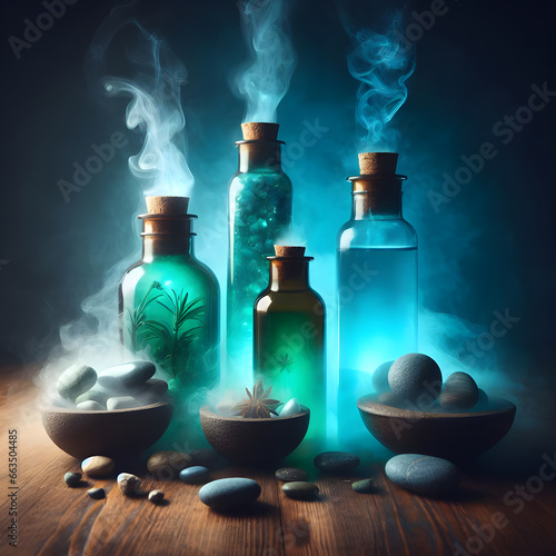 Spa still life with stones and bottles of essential oil on wooden table