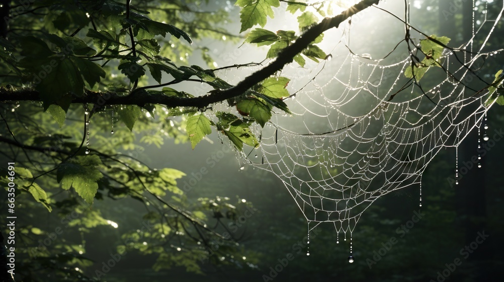  a spider web hanging from a tree branch in a forest.  generative ai