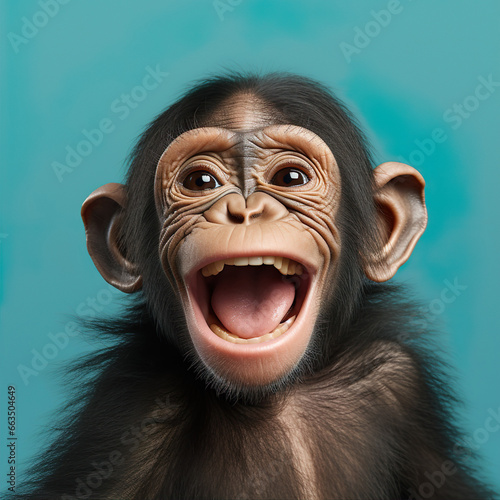 Funny ape chimpanzee chimp baby similing face head generative AI illustration. Lovely animal babies concept. Realistic photo style