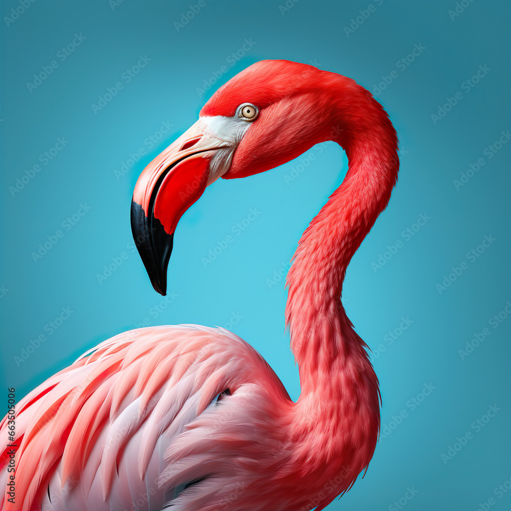Fototapeta premium Flamingo wading bird portrait isolated on turquoise background AI image illustration. Funny animal concept. 