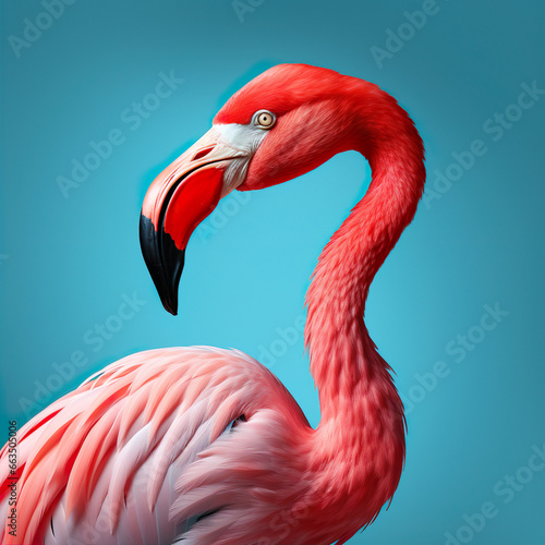 Flamingo wading bird portrait isolated on turquoise background AI image illustration. Funny animal concept. 