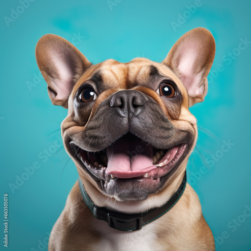 French bulldog dog smiling isolated on turquoise blue background. Generative AI image illustration. Beautiful animals looks like humans concept