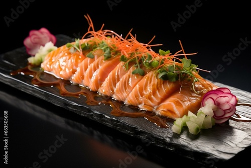 Mouthwatering salmon sashimi paired with delicious ponzu sauce. Generative AI
