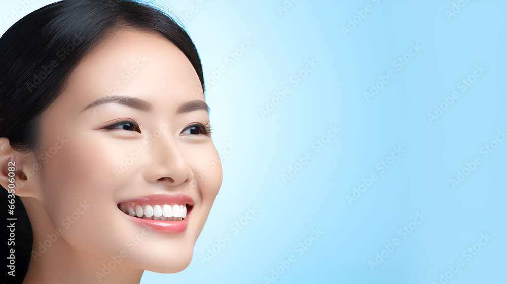 Portrait of a beautiful smiling Asian woman's face with white perfect teeth, isolated on a blue studio background with copy space. Dental care. Stomatology. Dentistry concept. Portrait of a beautiful smiling Asian woman's face with white perfect teeth, isolated on a blue studio background with copy space. Dental care. Stomatology. Dentistry concept.