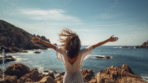 Woman with outstretched arms enjoying the wind and breathing fresh air on the rocky beach, back shot, summer time #663506036