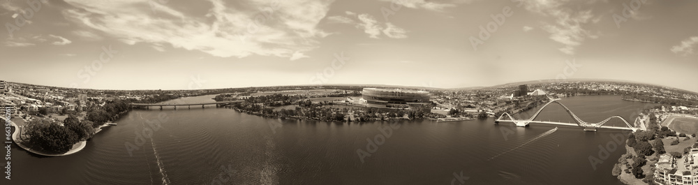 Panoramic aerial view of Matagarup Bridge and Mardalup Park in Perth